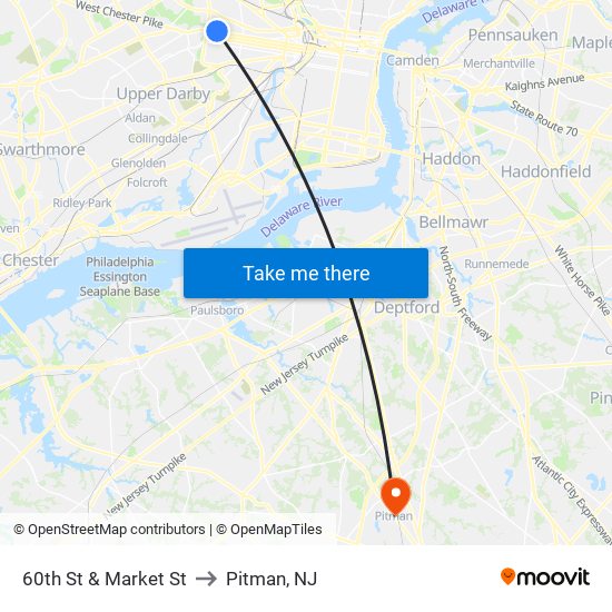 60th St & Market St to Pitman, NJ map