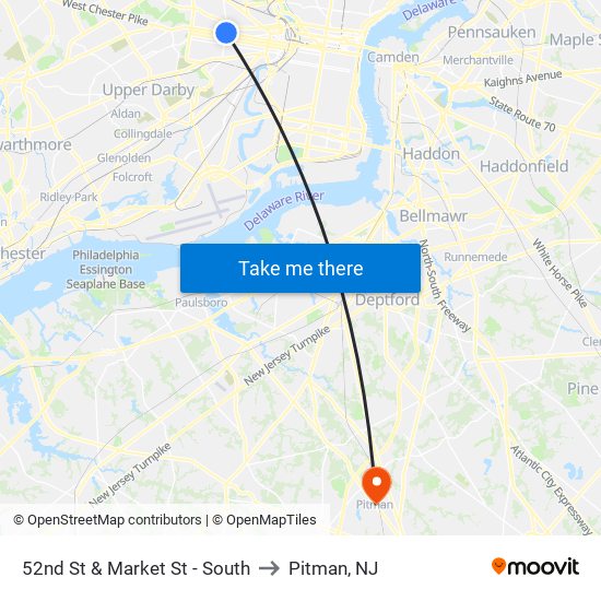 52nd St & Market St - South to Pitman, NJ map