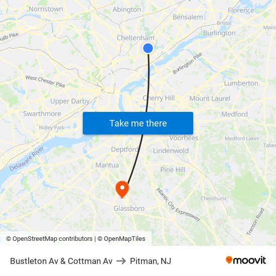 Bustleton Av & Cottman Av to Pitman, NJ map