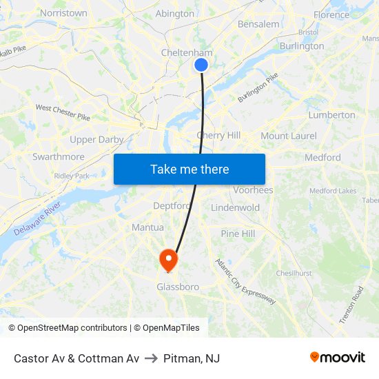 Castor Av & Cottman Av to Pitman, NJ map