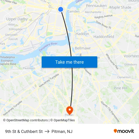 9th St & Cuthbert St to Pitman, NJ map