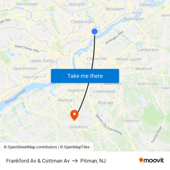 Frankford Av & Cottman Av to Pitman, NJ map