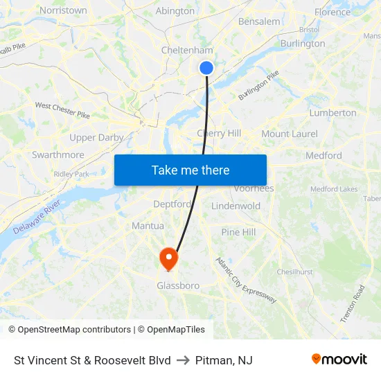 St Vincent St & Roosevelt Blvd to Pitman, NJ map