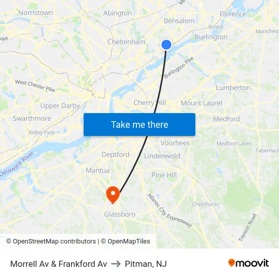 Morrell Av & Frankford Av to Pitman, NJ map