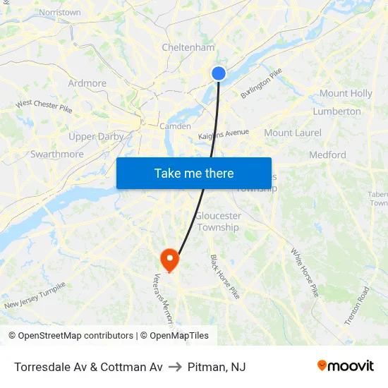 Torresdale Av & Cottman Av to Pitman, NJ map