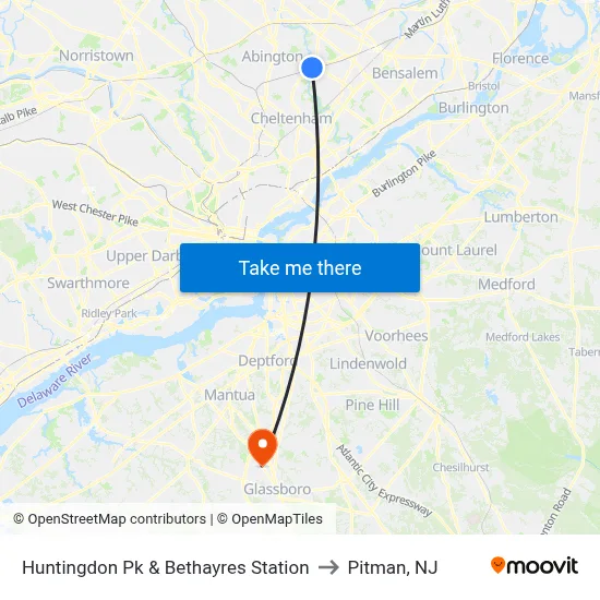 Huntingdon Pk & Bethayres Station to Pitman, NJ map