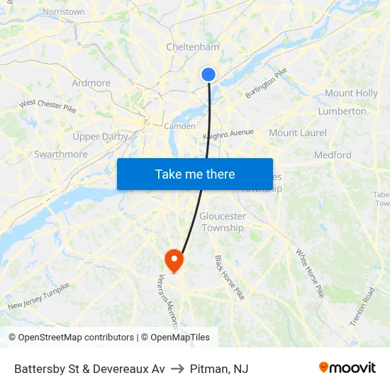 Battersby St & Devereaux Av to Pitman, NJ map