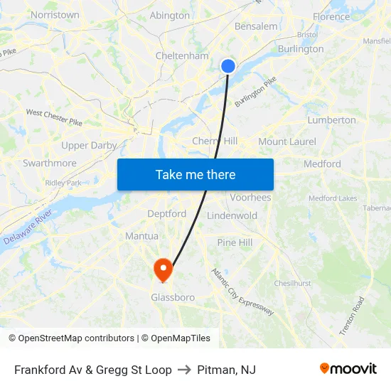 Frankford Av & Gregg St Loop to Pitman, NJ map