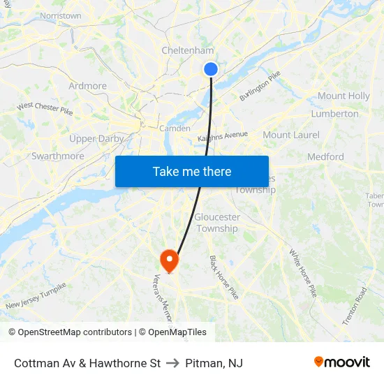 Cottman Av & Hawthorne St to Pitman, NJ map