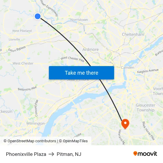 Phoenixville Plaza to Pitman, NJ map