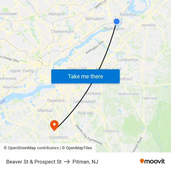 Beaver St & Prospect St to Pitman, NJ map