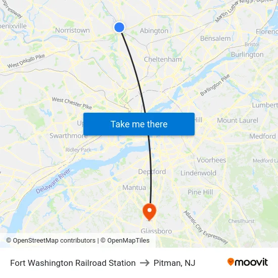 Fort Washington Railroad Station to Pitman, NJ map