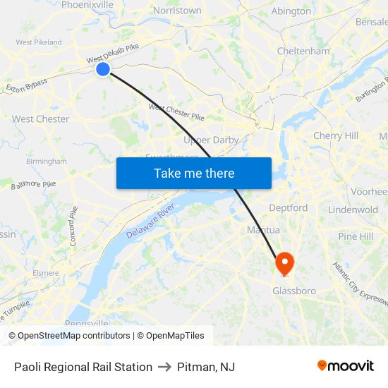 Paoli Regional Rail Station to Pitman, NJ map