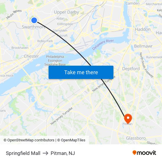 Springfield Mall to Pitman, NJ map