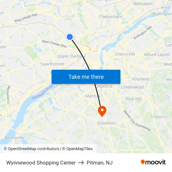 Wynnewood Shopping Center to Pitman, NJ map