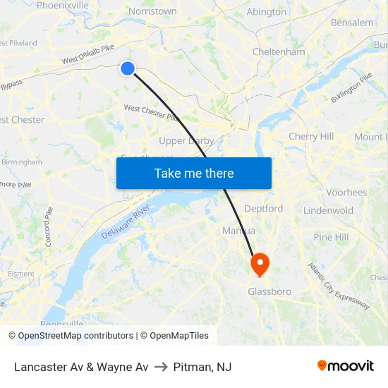 Lancaster Av & Wayne Av to Pitman, NJ map