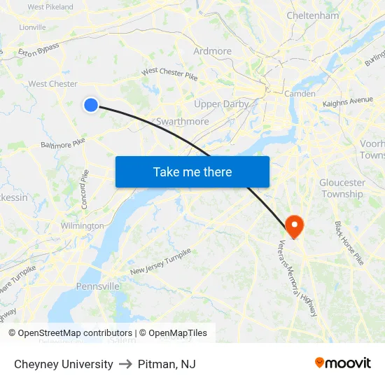 Cheyney University to Pitman, NJ map