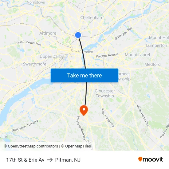 17th St & Erie Av to Pitman, NJ map