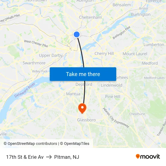 17th St & Erie Av to Pitman, NJ map