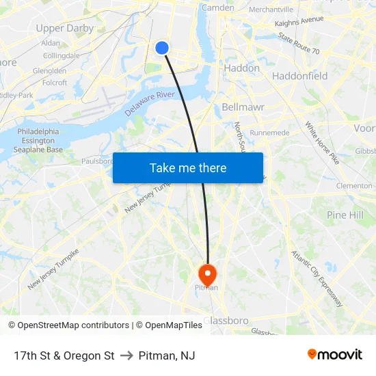 17th St & Oregon St to Pitman, NJ map