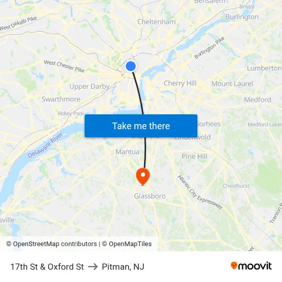 17th St & Oxford St to Pitman, NJ map