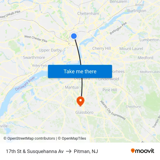 17th St & Susquehanna Av to Pitman, NJ map