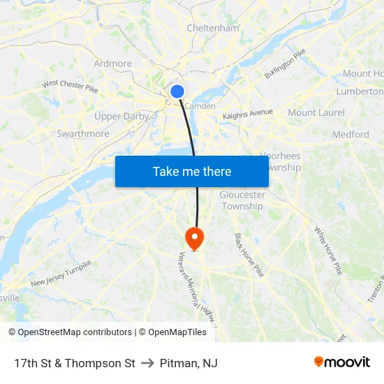 17th St & Thompson St to Pitman, NJ map