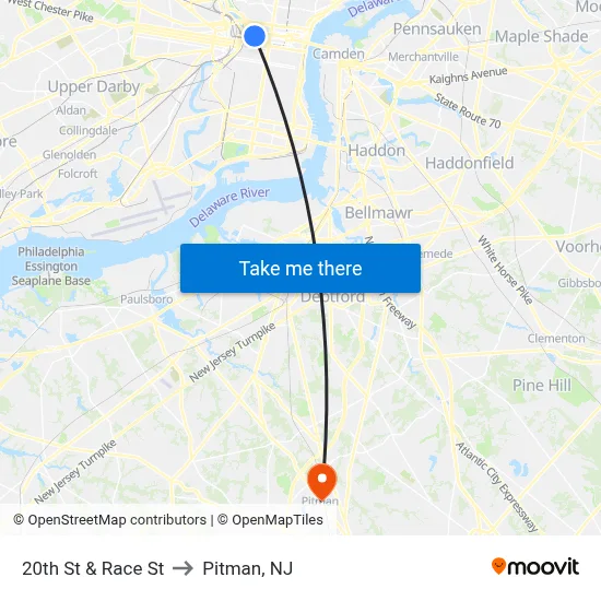 20th St & Race St to Pitman, NJ map