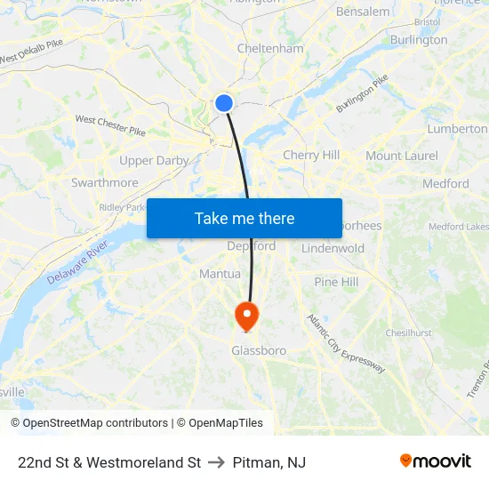 22nd St & Westmoreland St to Pitman, NJ map