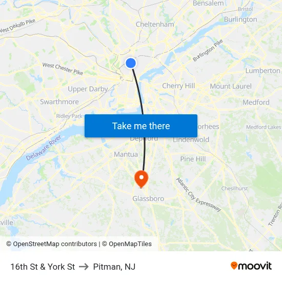 16th St & York St to Pitman, NJ map
