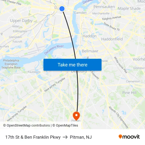 17th St & Ben Franklin Pkwy to Pitman, NJ map