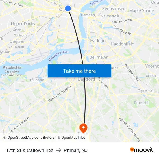 17th St & Callowhill St to Pitman, NJ map