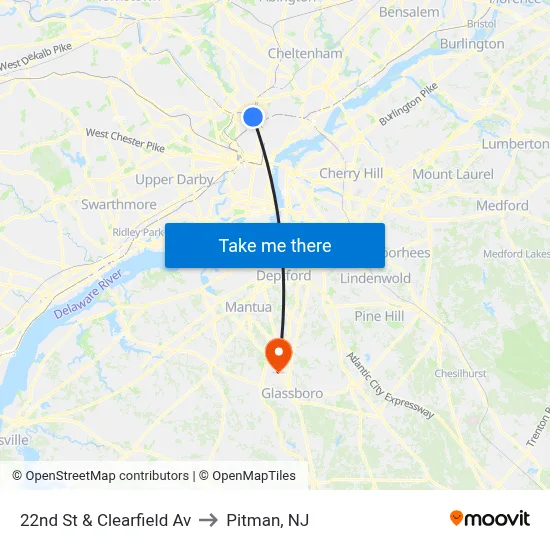 22nd St & Clearfield Av to Pitman, NJ map
