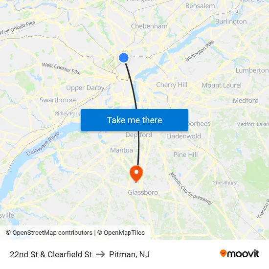 22nd St & Clearfield St to Pitman, NJ map