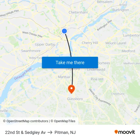 22nd St & Sedgley Av to Pitman, NJ map