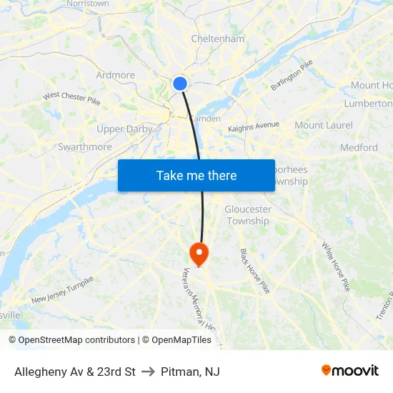 Allegheny Av & 23rd St to Pitman, NJ map
