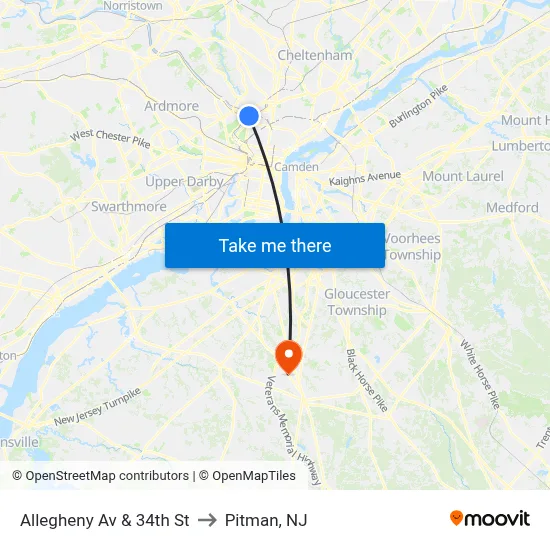Allegheny Av & 34th St to Pitman, NJ map