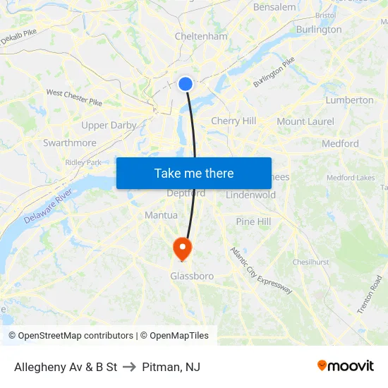 Allegheny Av & B St to Pitman, NJ map