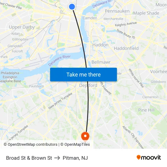 Broad St & Brown St to Pitman, NJ map