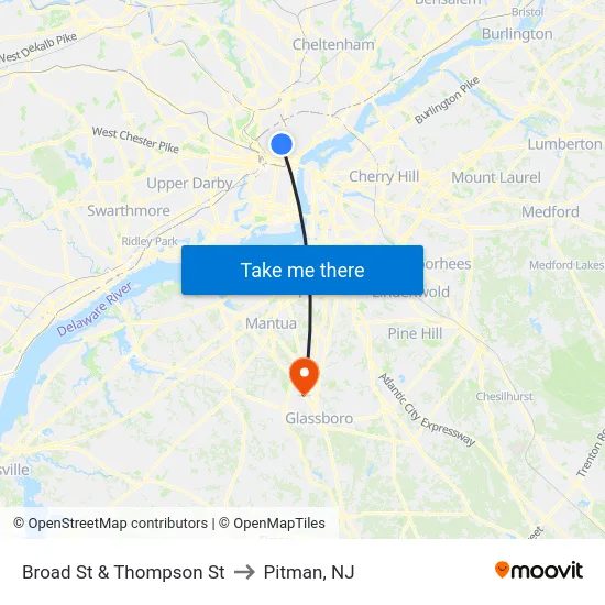 Broad St & Thompson St to Pitman, NJ map