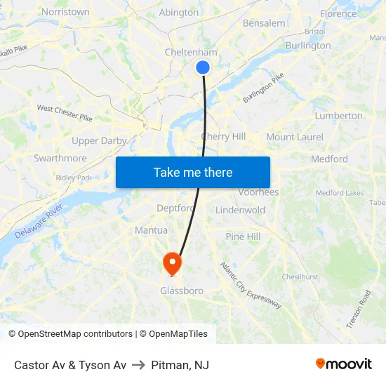 Castor Av & Tyson Av to Pitman, NJ map