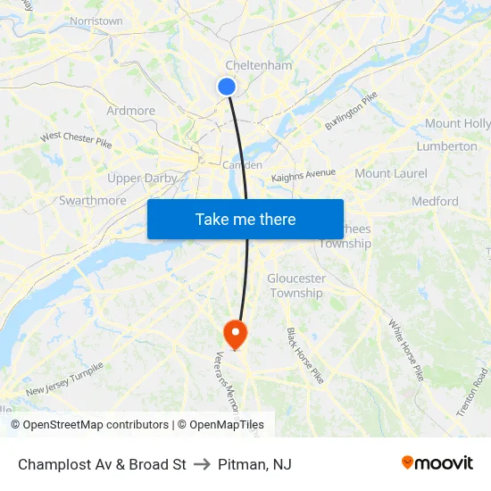 Champlost Av & Broad St to Pitman, NJ map