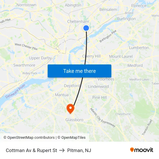 Cottman Av & Rupert St to Pitman, NJ map