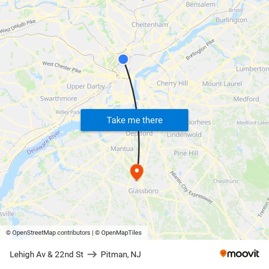 Lehigh Av & 22nd St to Pitman, NJ map