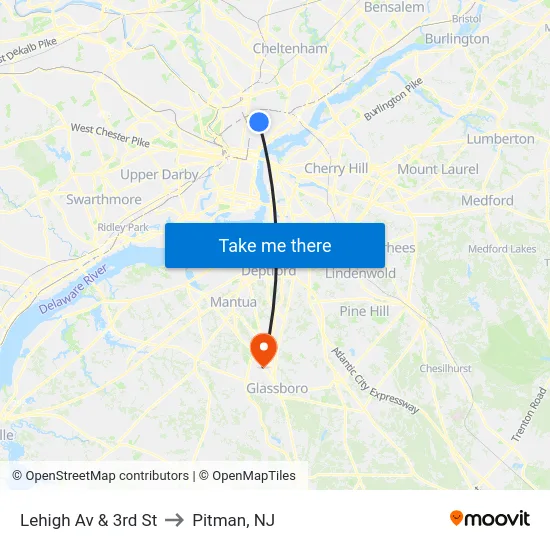 Lehigh Av & 3rd St to Pitman, NJ map