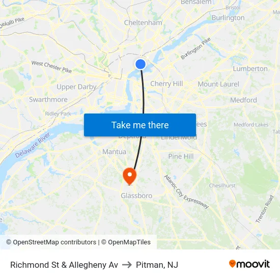 Richmond St & Allegheny Av to Pitman, NJ map