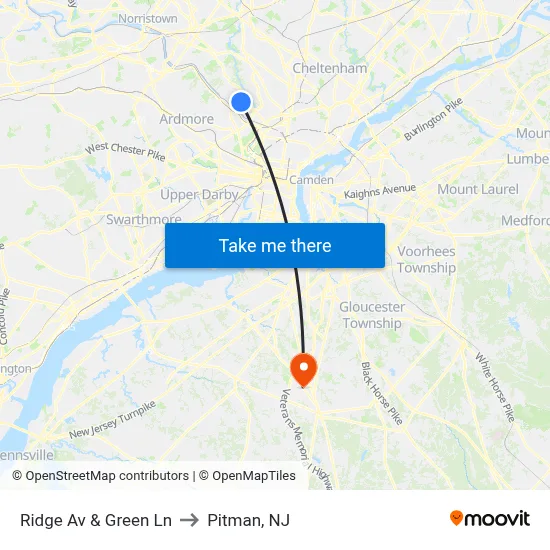 Ridge Av & Green Ln to Pitman, NJ map