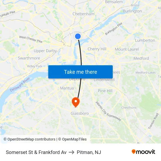 Somerset St & Frankford Av to Pitman, NJ map