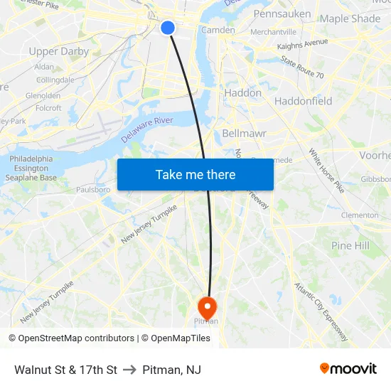 Walnut St & 17th St to Pitman, NJ map