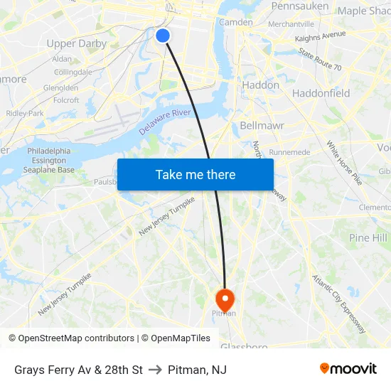 Grays Ferry Av & 28th St to Pitman, NJ map